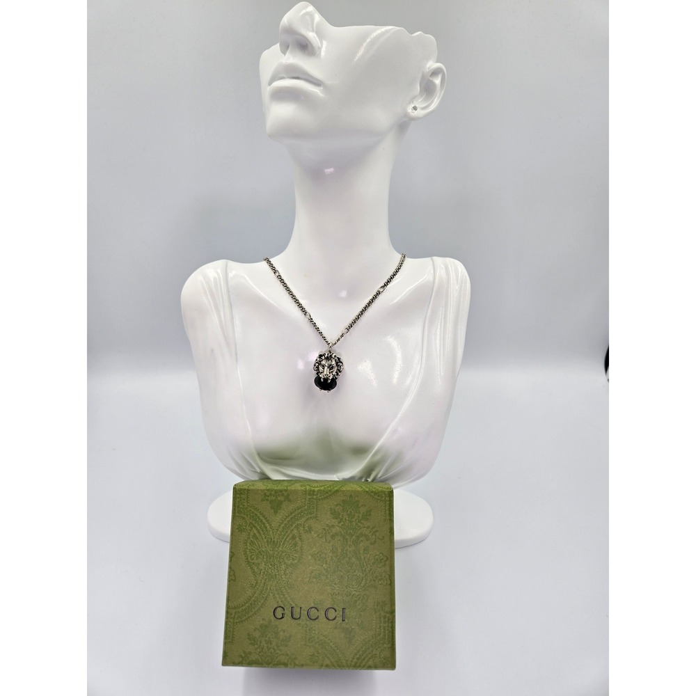 Gucci Sterling Silver Brass Swarovski Lion Head Necklace Black - Picture 9 of 10